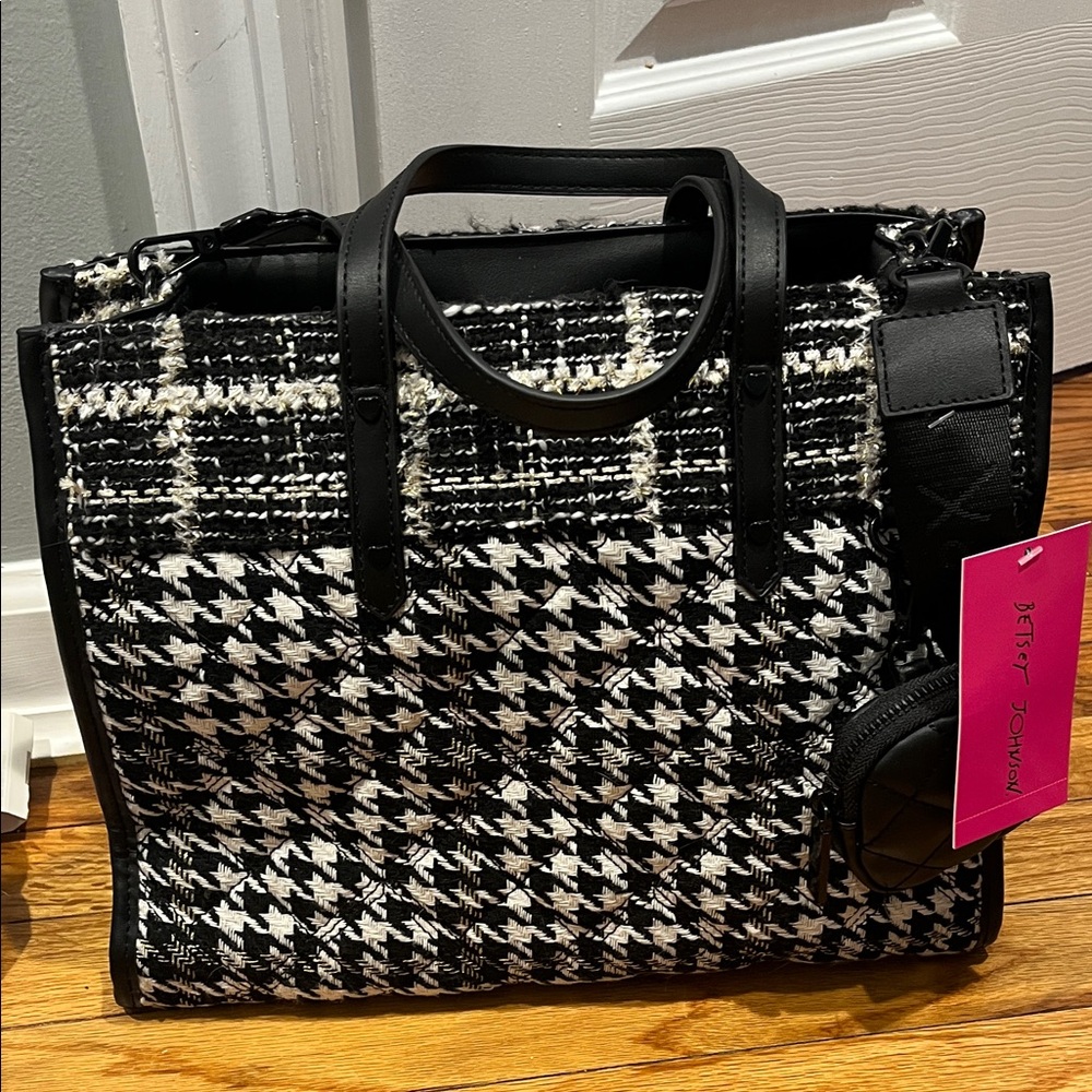 Betsey Johnson Black & White Houndstooth Tweed Tote with Coin Pouch